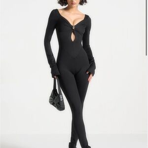 Maniere de Vior Twisted Bust Off Shoulder Jumpsuit Black